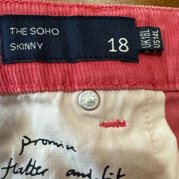Boden The Soho Skinny Pink Corduroy Ankle Pants size 14L 14 Long US - Picture 6 of 6